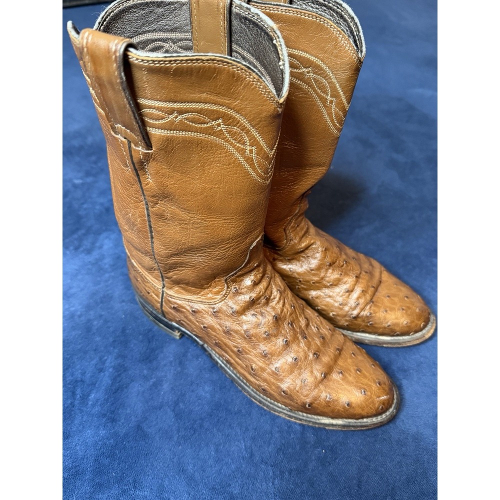 Justin Full Quill Ostrich Boots Men’s 7B Cognac Roper Cowboy Western 3186 USA